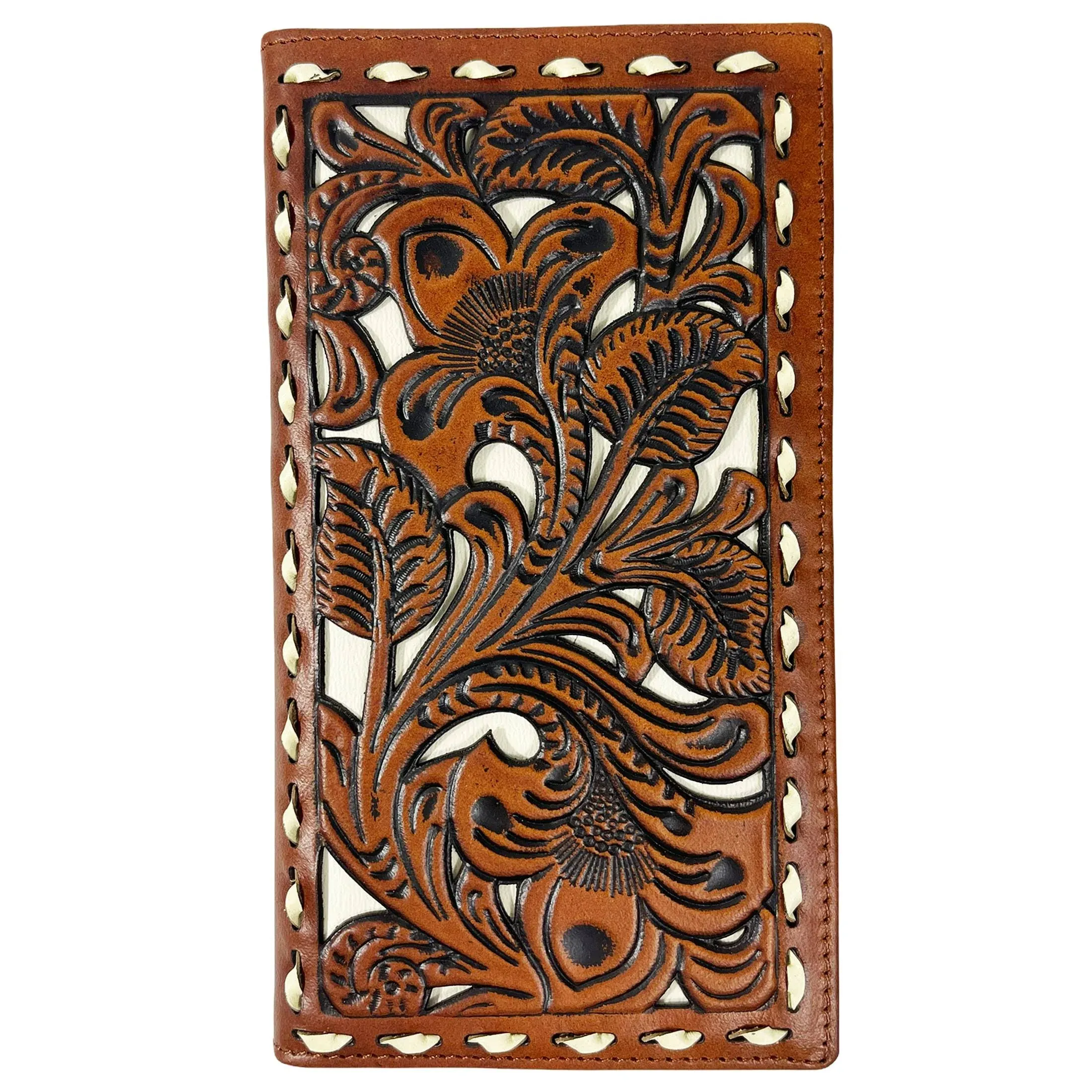 Urbalabs Western Cowboy Leather Long Wallets for Men Checkbook Tooled Wallet Floral Bifold Long Cowboys Billfold Hand Stitched Rodeo RFID Blocking Mens Long Wallet Rodeo Style Cowboy Up (Brown)