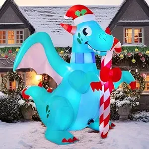 6 FT Christmas Blow Up Dragon Inflatable with Candy Cane with Build-in LEDs