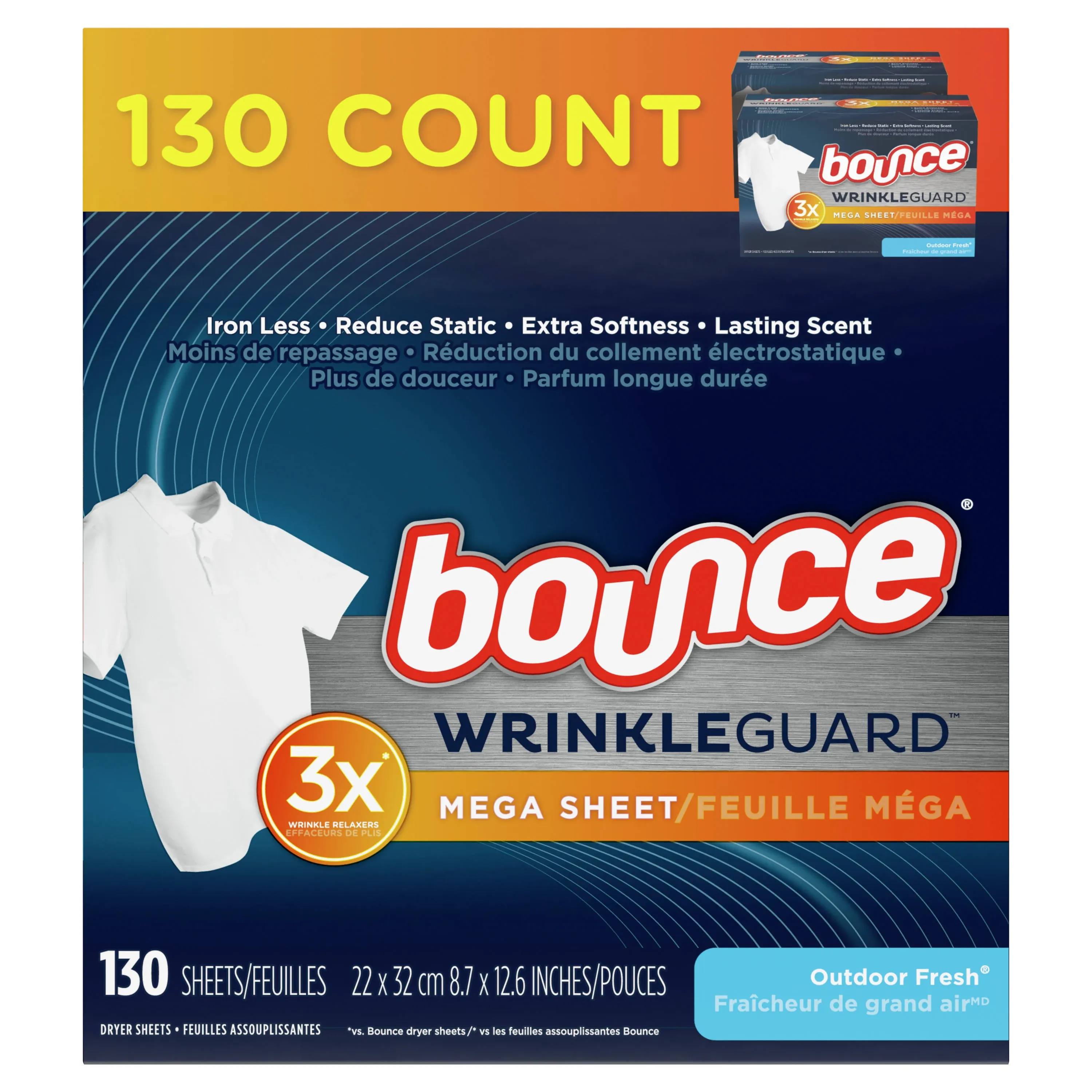 Bounce Mega Dryer Sheets, Fresh Breeze, 130 Count