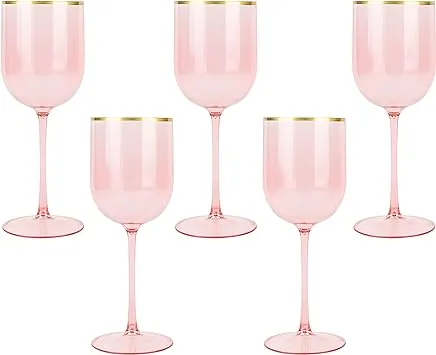 HomeyGear 12 oz Pink Plastic Wine Glasses with Gold Rim (5-Pack)