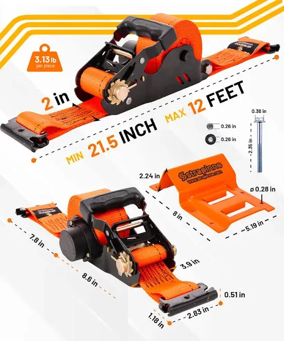  E-Track Retractable Ratchet Straps with Wheel Chock Kit,1986lbs Breaking 