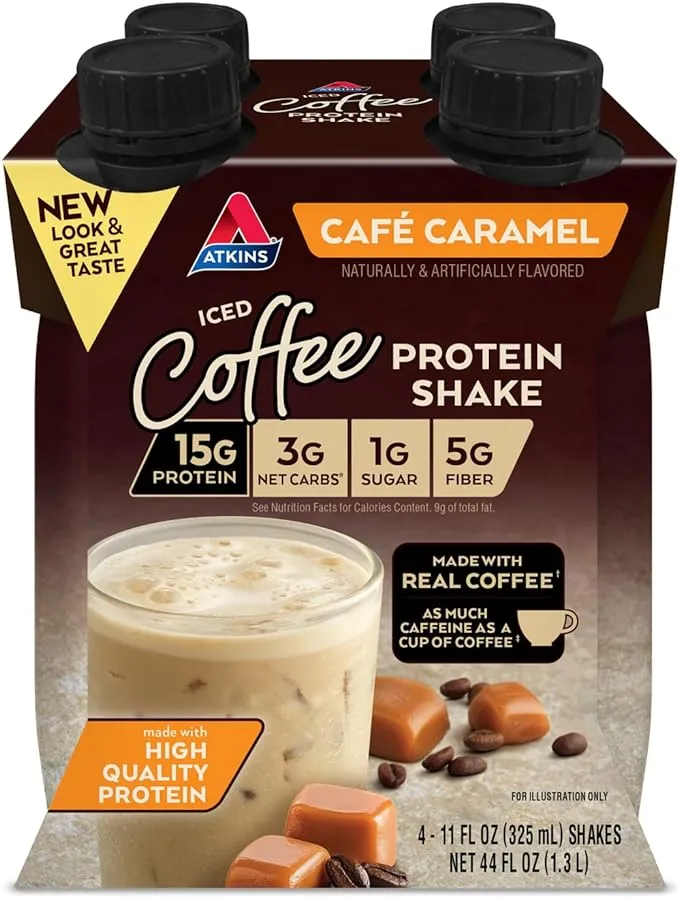 Atkins Café au Lait Iced Coffee Protein Shake, 15g Protein, Low Glycemic, 3g Net Carb, 1g Sugar, Keto Friendly, 12 Count