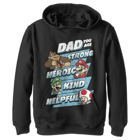 Boy s Nintendo Super Mario Dad You are Strong Heroic Kind Helpful Pull Over Hoodie Black X Large