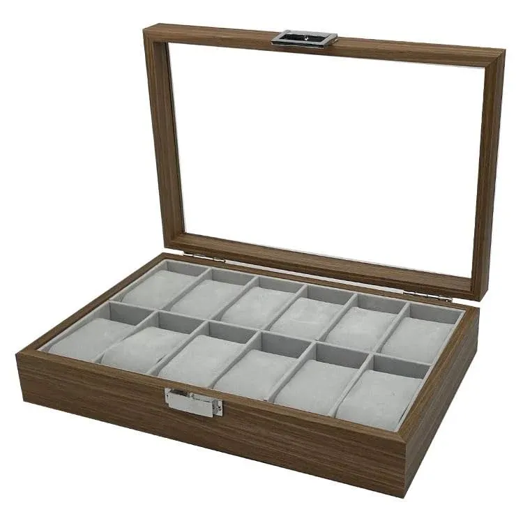 12 Slots Watch Display Case Jewelry Box Organizer with Visible Glass Top