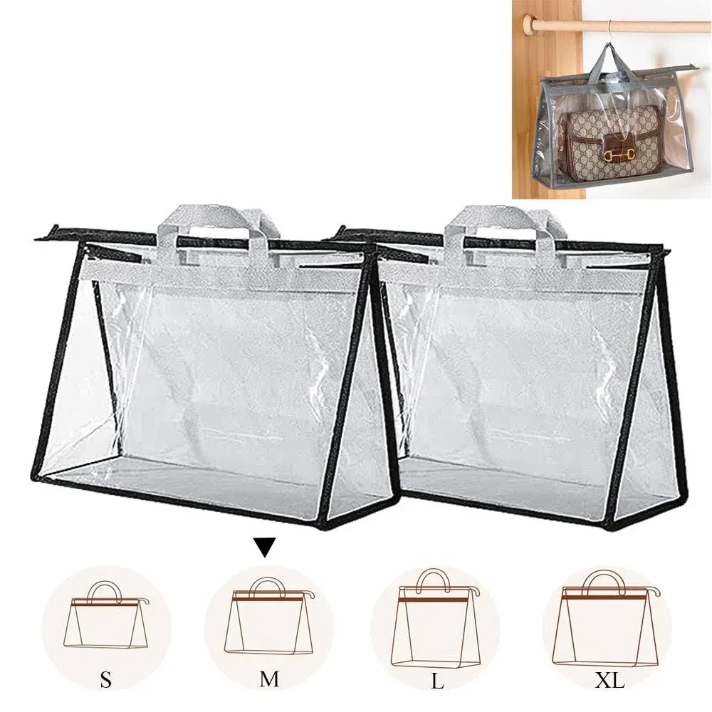 fazhongfa 2PCS Dust Bags for Handbags Clear Purse Storage Organizer Non-Woven Hanging Bag Closet with Zipper and Handle (Medium, Light Grey)