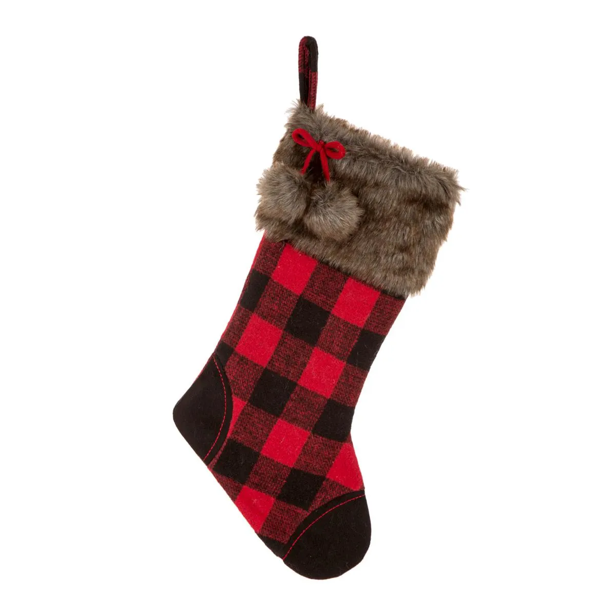 Glitzhome 21"L Fur Black/Red Buffalo Plaid Stocking