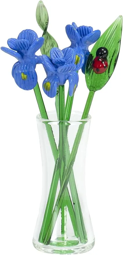 Decorative Artificial Glass Flower Bouquet with Vase, Gift Boxed – Blue Irises