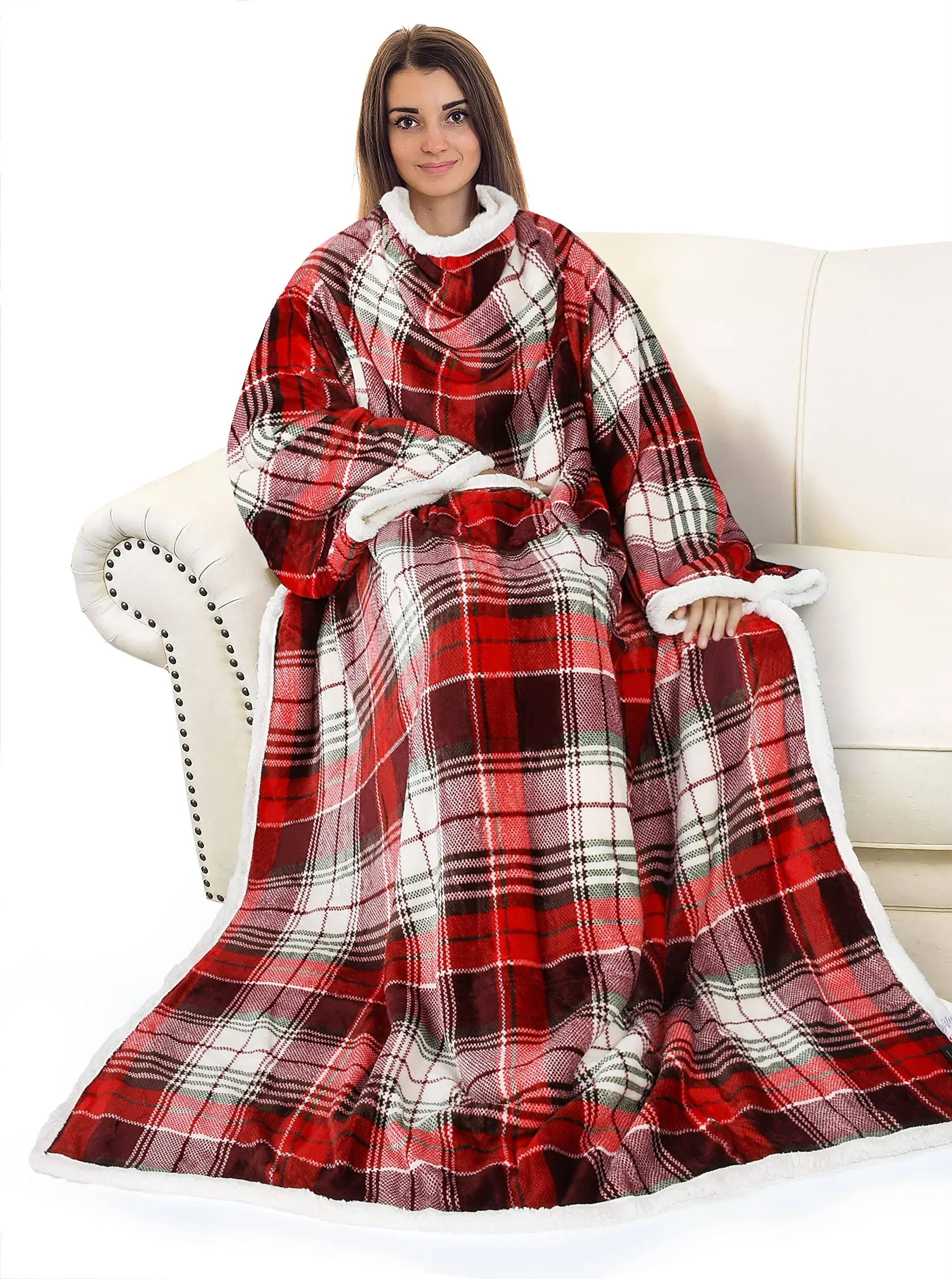 Red Plaid Wearable TV Blanket with Sleeves Arms Warm Micro Plush Sherpa Fleece 711531924979 | eBay