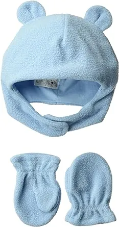 Luvable Friends Baby Fleece Bear Hat and Mitten Set, 2-Piece Set, Light Blue