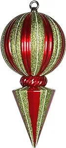 Vickerman 12 Red and Lime Striped Shiny Ball Finial Ornament with Glitter Accents