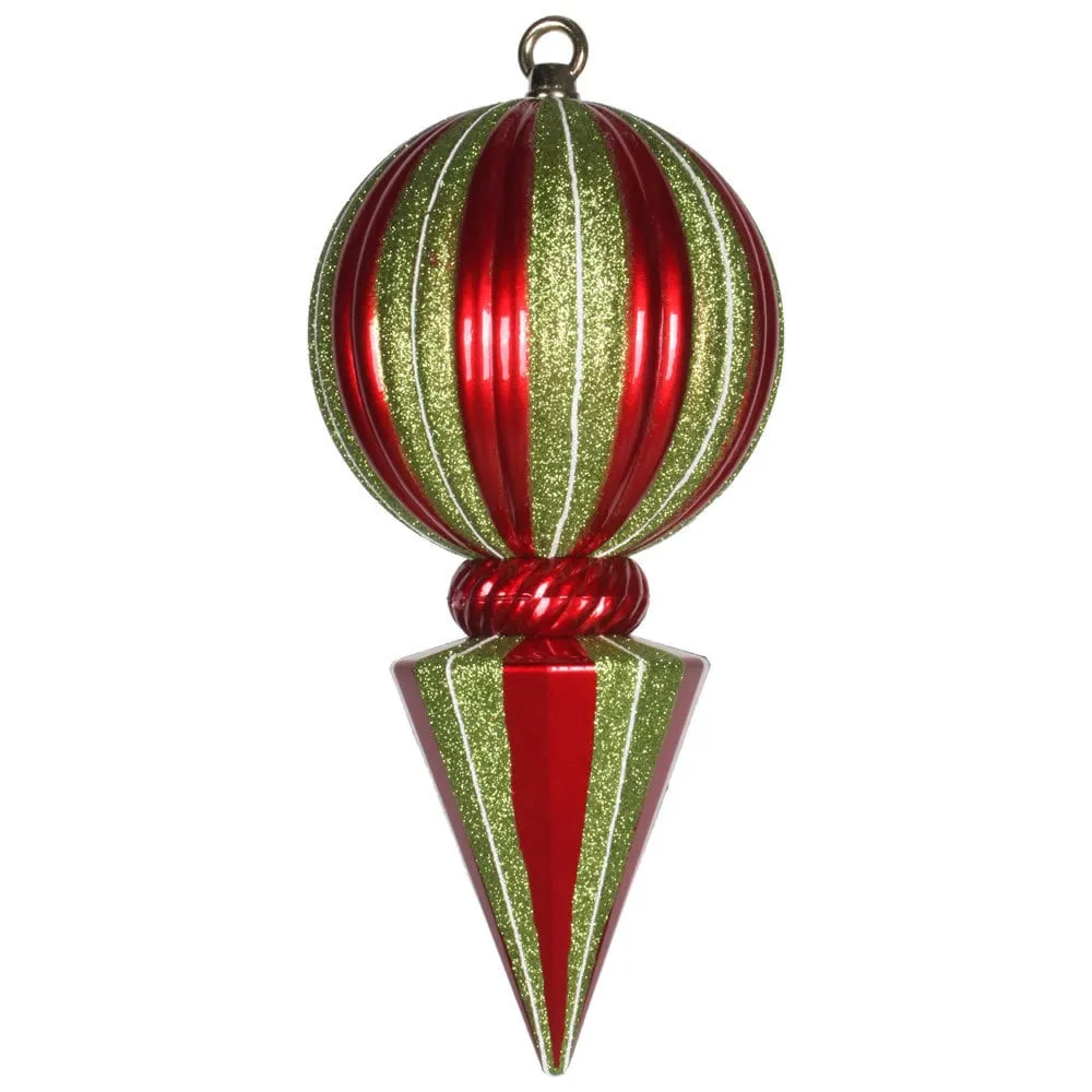 Red/Lime Plastic 12-inch Striped Ball Finial Ornament