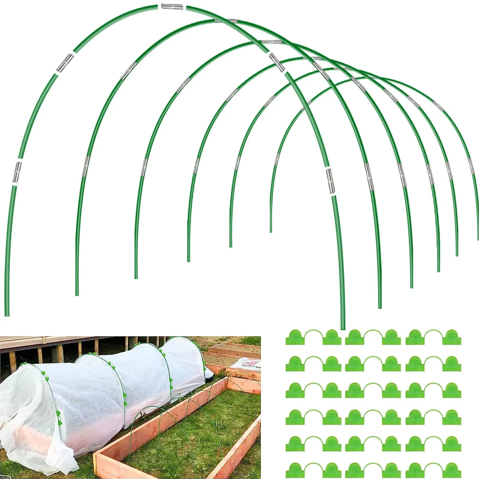 36pcs Garden Hoops for Raised Beds, 6 Sets of 8ft Long Hoop Tunnels for Garden Greenhouse Plants Row Cover, Rust-Free Fiberglass Garden Support Hoops Frame for Netting, 18pcs Clips