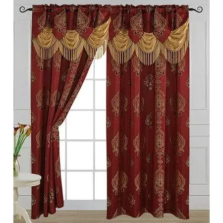 Alexa Luxury Jacquard Curtain Panel with Attached Waterfall Valance 54&#034; X 84&#034;