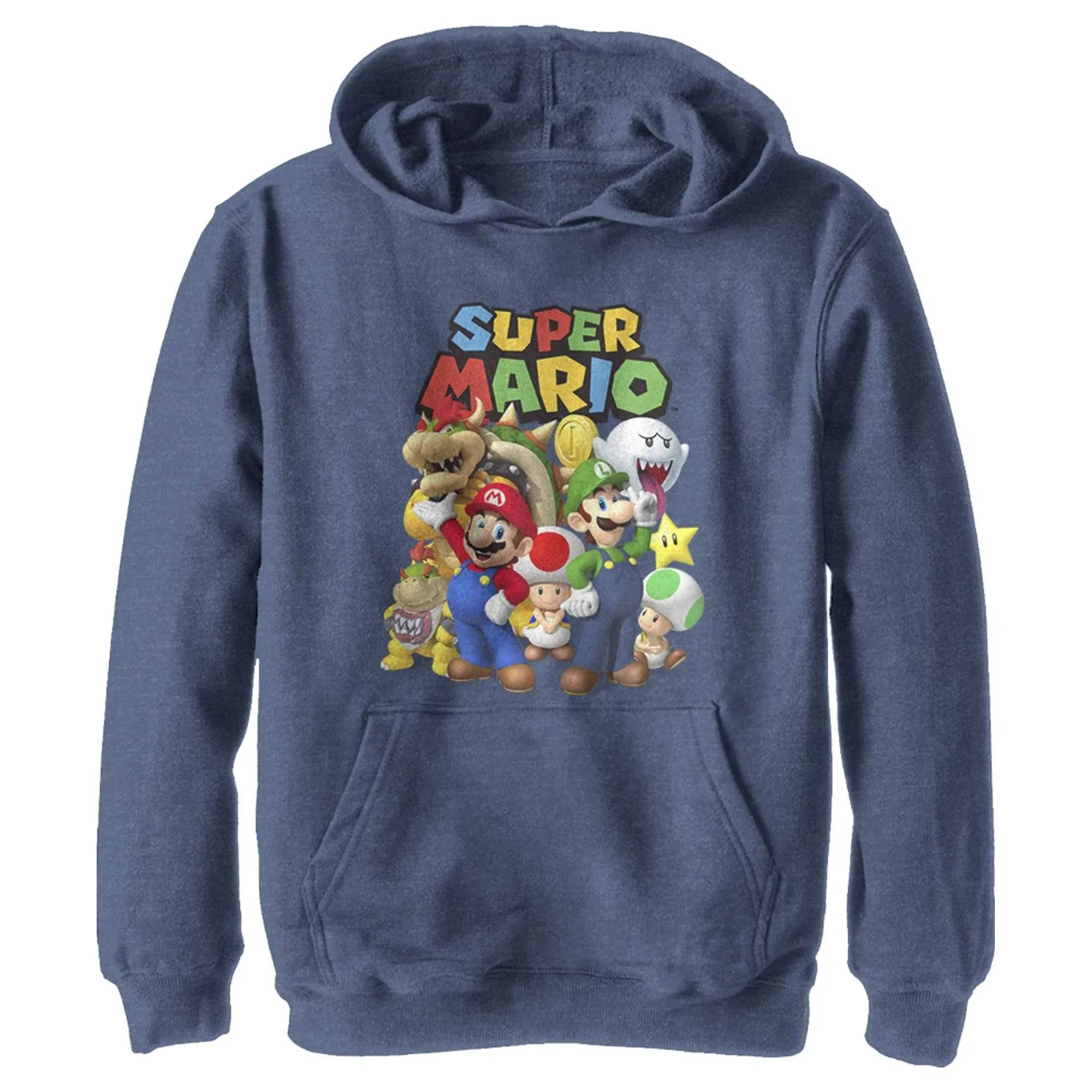 Boy s Nintendo Super Mario Group Pull Over Hoodie Navy Blue Heather Small