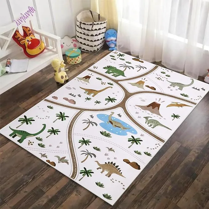 Lukinbox Dinosaur Kids Rugs for Bedroom, 3' x 5' Road Kids Play Mats for Playroom, Non-slip Washable Children Educational Car Area Rug Play Carpets for Nursery Kids Room Safe Area