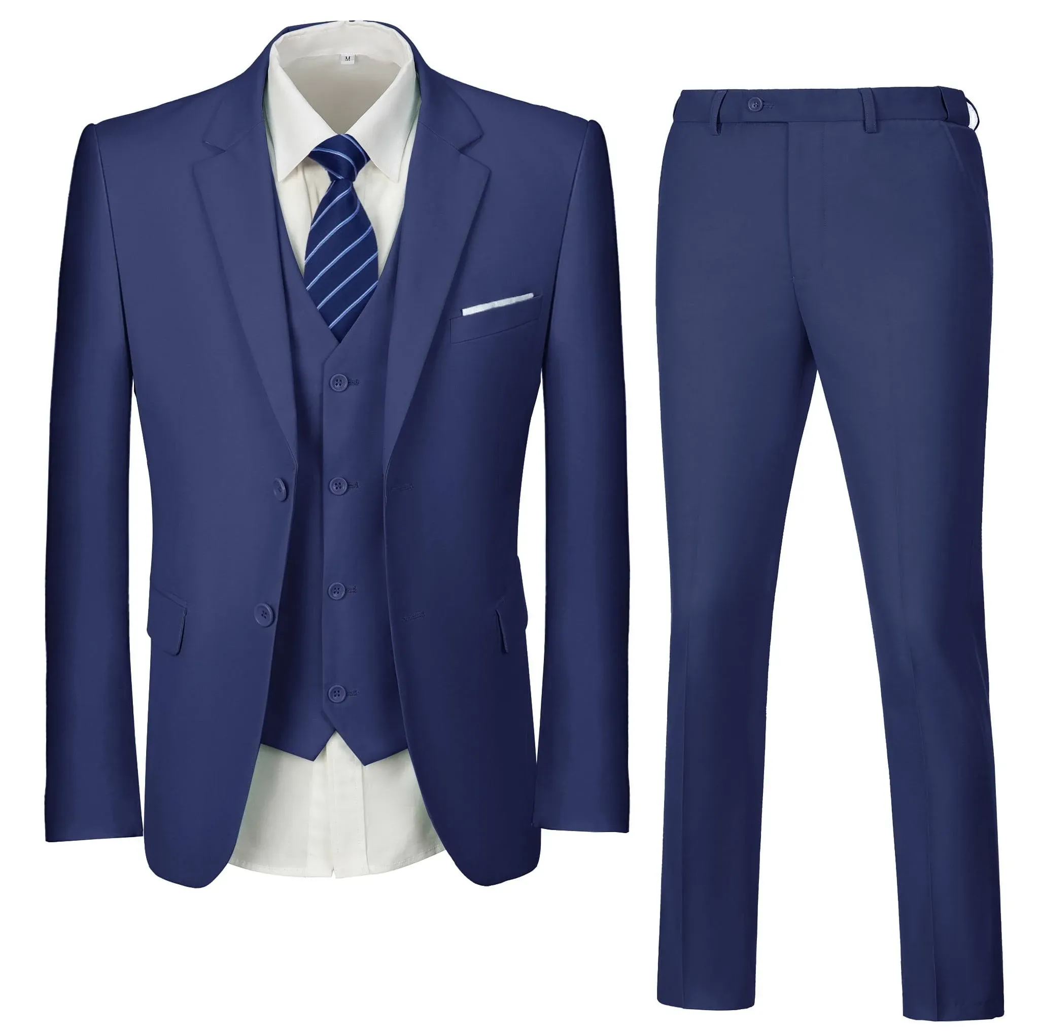 Wehilion Mens Suits Set Slim Fit Men 3 Piece Dress Suit Prom Blazer Wedding Formal Jacket & Vest & Pants Navy Blue XL