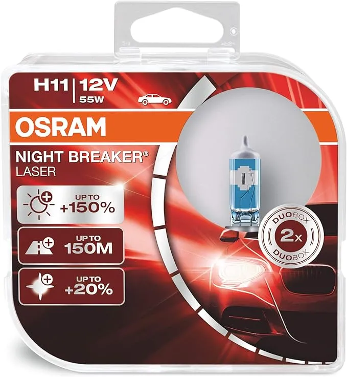 OSRAM NIGHT BREAKER LASER H11, next generation, 150% more brightness, halogen headlamp, 64211NL-HCB, 12V, passenger car, duo box (2 lamps)