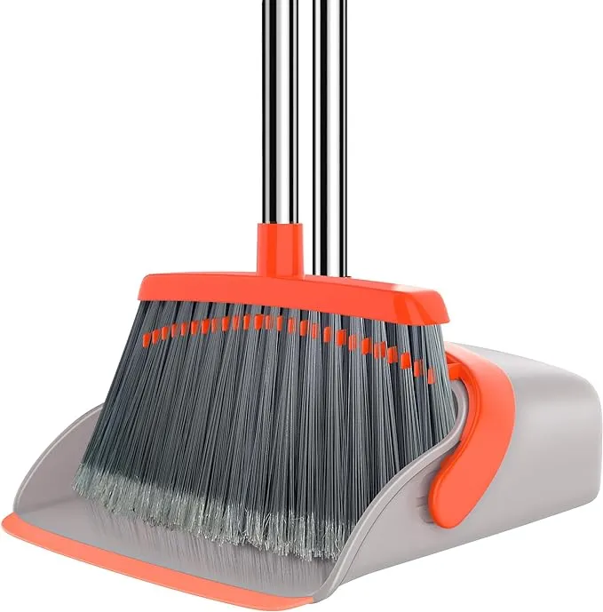 Aifacay Broom and Dustpan Set, Dust Pan and Broom with Long Handle, Broom with Dustpan Combo Set, Upright Standing Dust Pan with Comb Teeth Broom and Dustpan Set for Home Kitchen Lobby