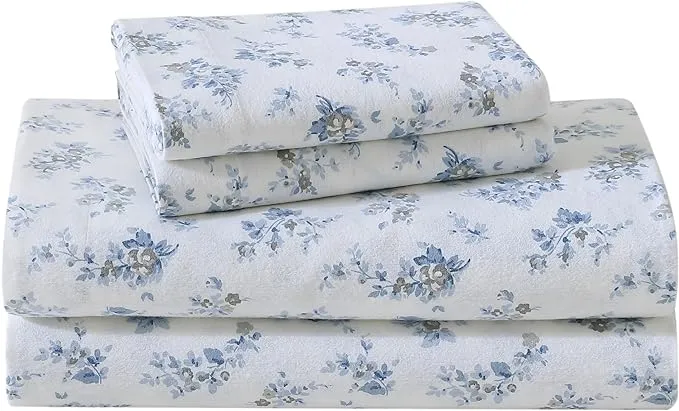 Flannel Full Sheet Set Laura Ashley 4-Piece Blue Floral 100% Cotton (from India)