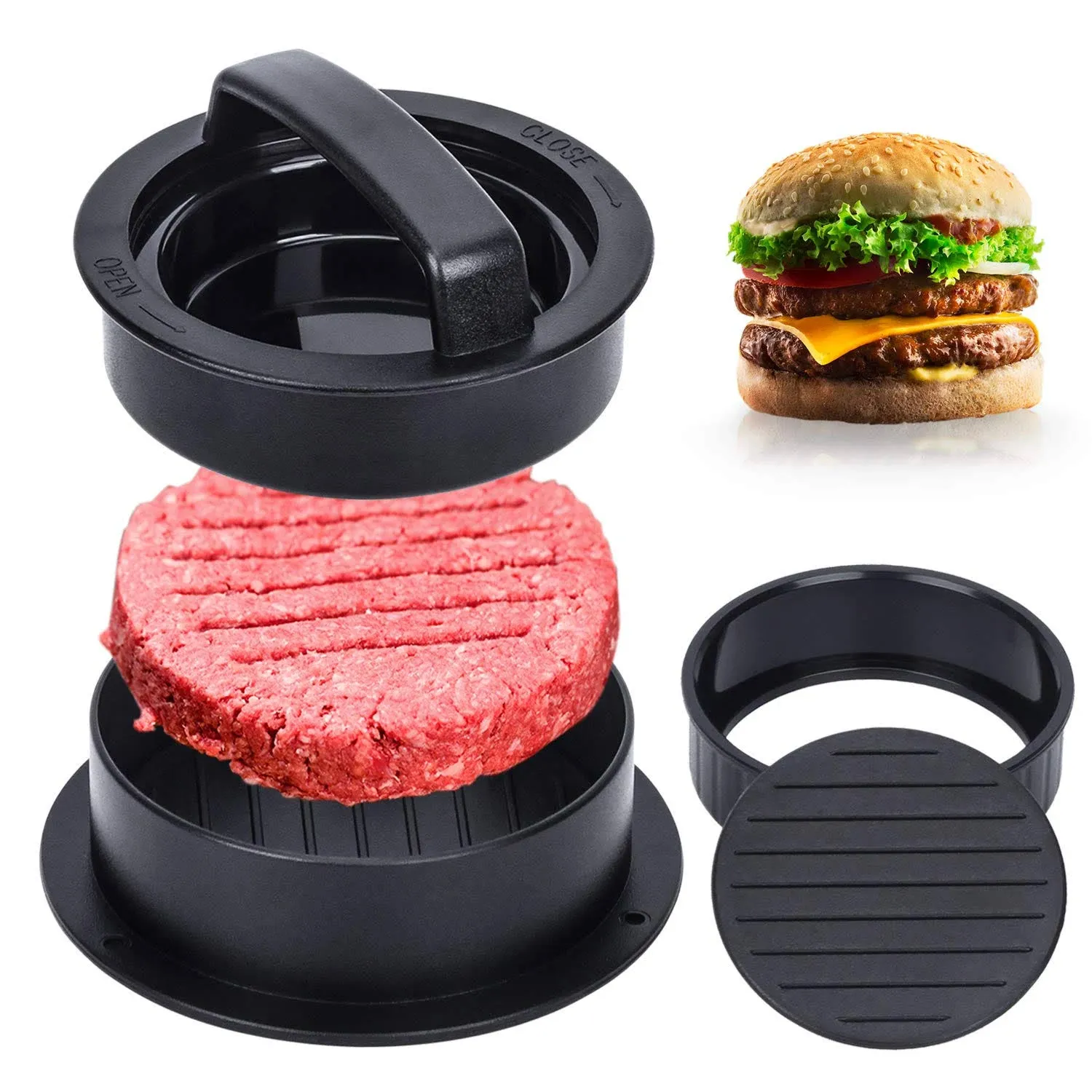 Burger Press, Different Size Hamburger Patty Molds, 3 in 1 Hamburger Patty Maker ...