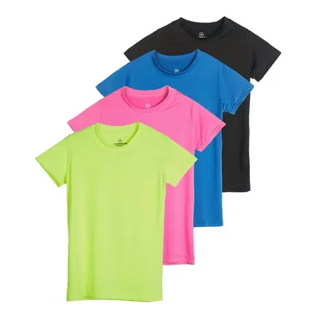 Real Essentials 4 Pack: Girls Short Sleeve Dry-Fit Crew Neck Active Athletic Performance T-Shirt