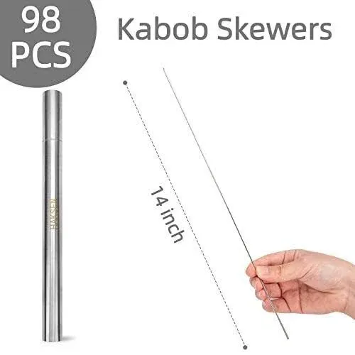 HAKSEN Kabob Skewers, 98PCS 14 Inch Grilling Metal Skewers Long BBQ Skewers Stainless Steel Roasting Sticks for Meat Vegetable Camping