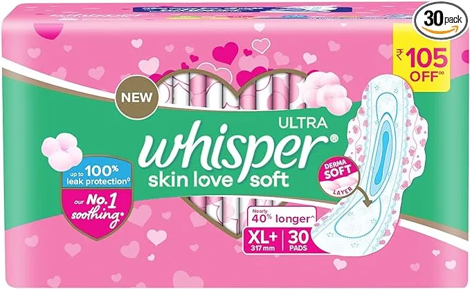 Whisper Ultra Soft Sanitary Pads for Women(30 thin Pads)XL+ Cottony soft 31.7 cm