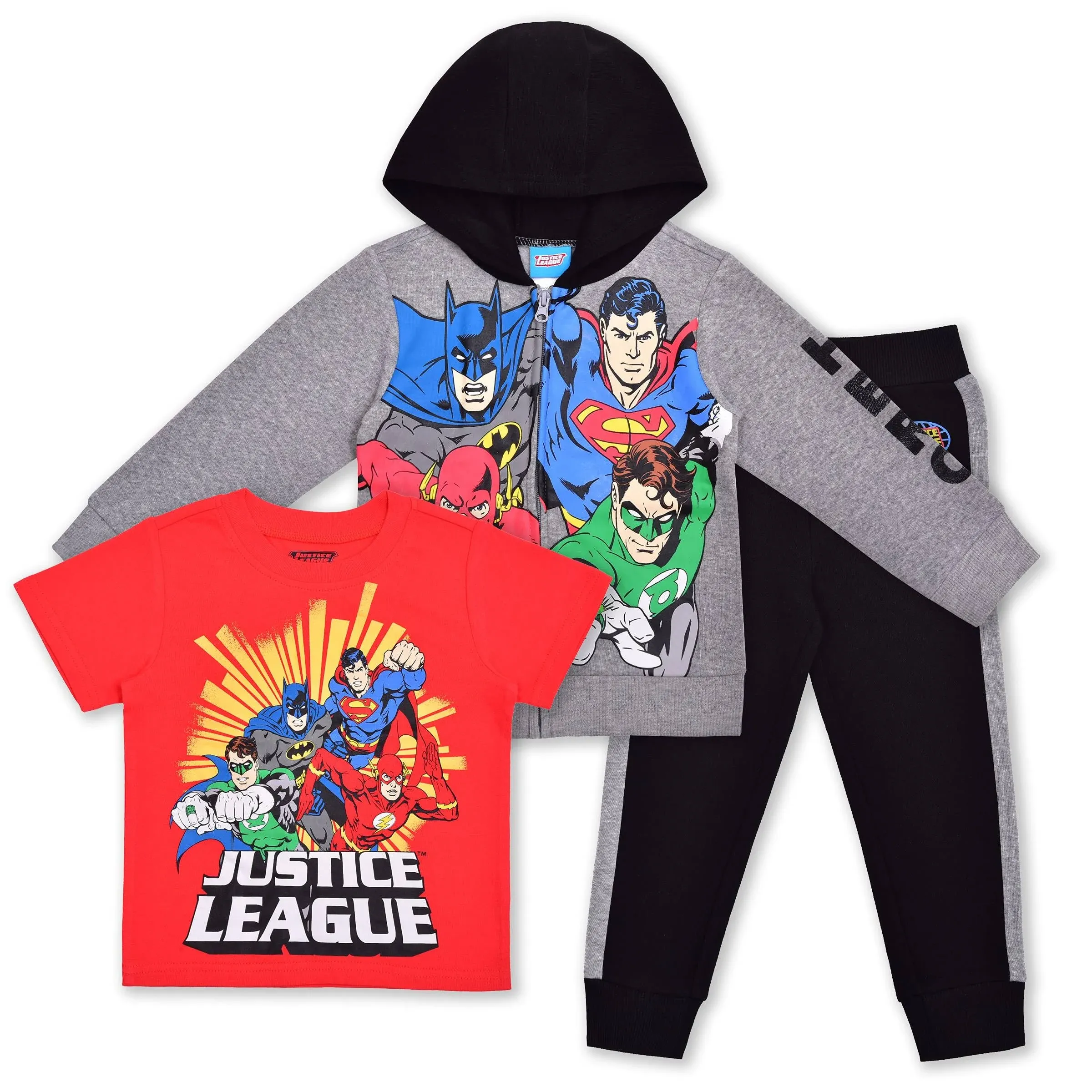 Warner Bros. Justice League 3 Pack Jogger Set for Boys, Zip Up Hoodie, Shirt and ...