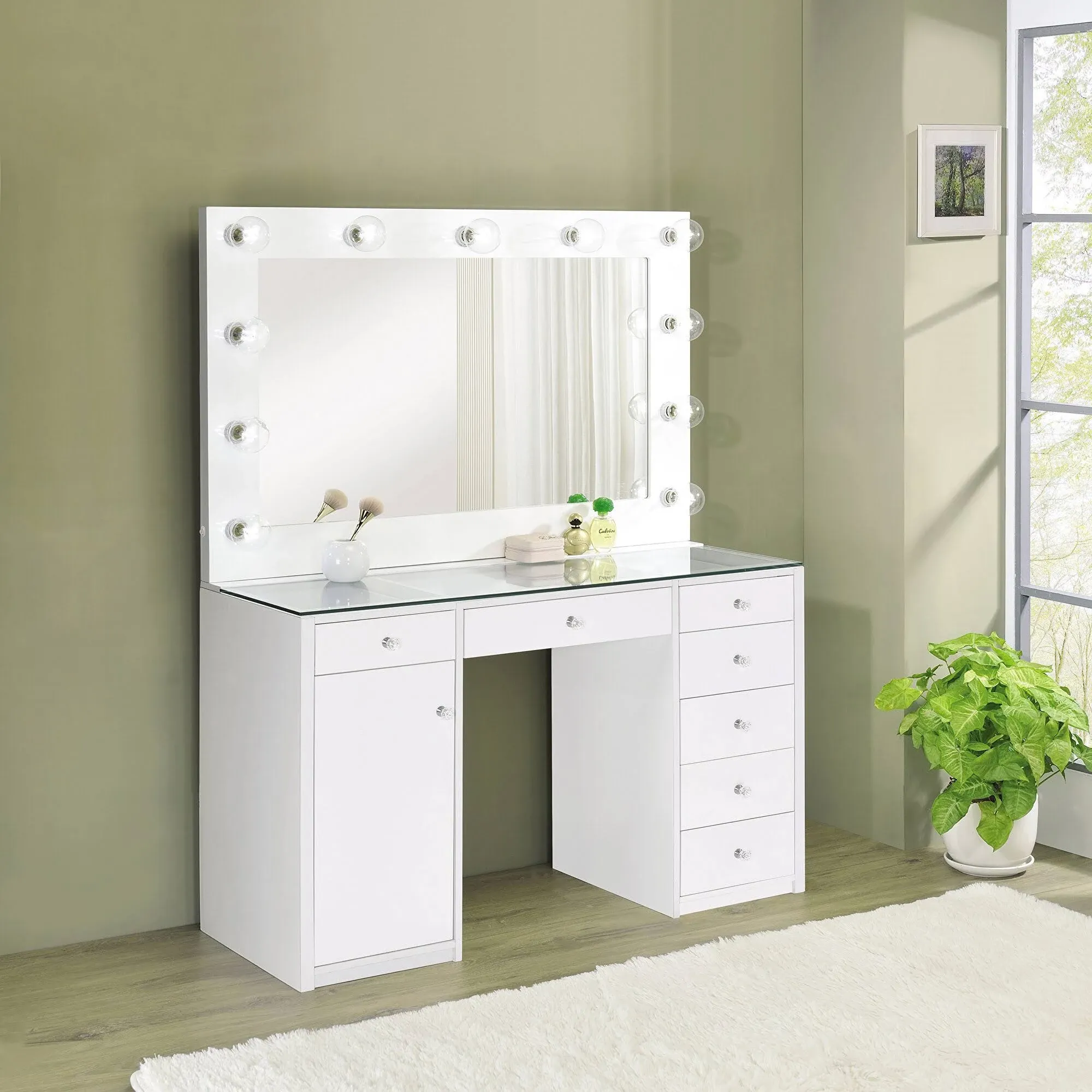 Coaster A Cena 7-Drawer Glass Vanity Desk with Lighting