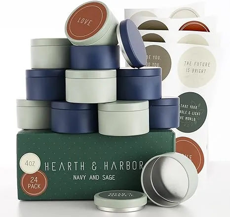 Hearth & Harbor Tin Candle Jars for Making Candles - DIY Candle Containers with Lids - Metal Candle Jars - Bulk Tins Storage for Candle (24, Navy and Sage)