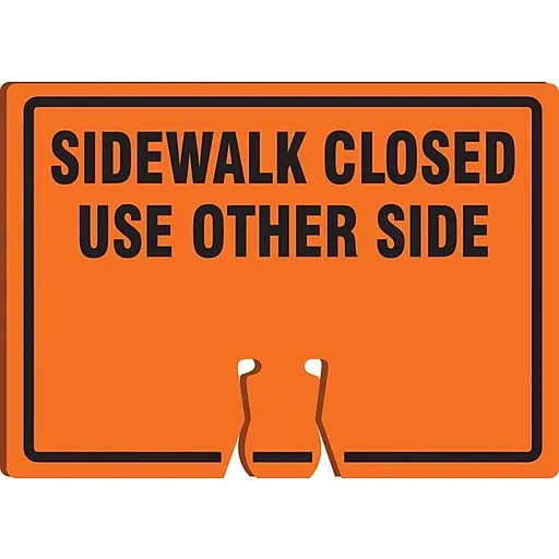 Accuform Traffic Cone Top Warning Sign, SIDEWALK CLOSED USE OTHER SIDE, 10" x 14", Plastic (FBC771) | Staples