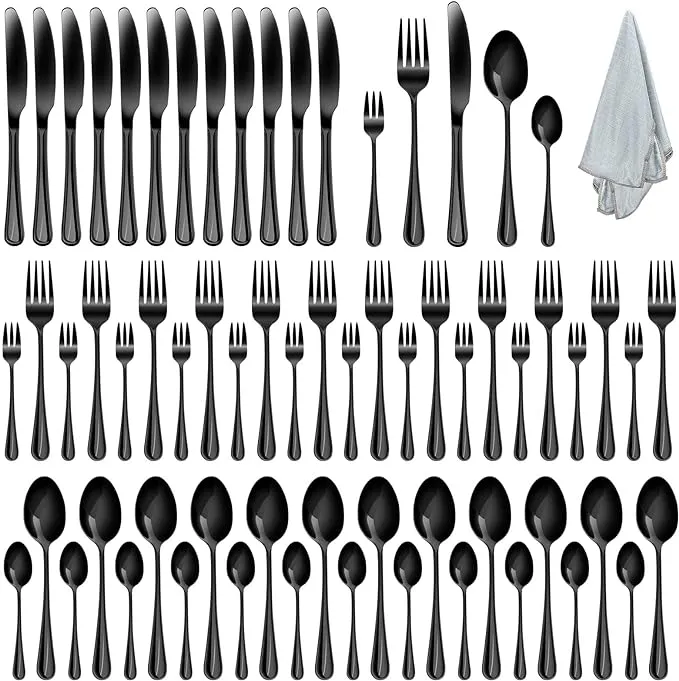 KONIGEEHRE 60 PCS Black Silverware Set for 12, Stainless Steel Flatware Cutle...