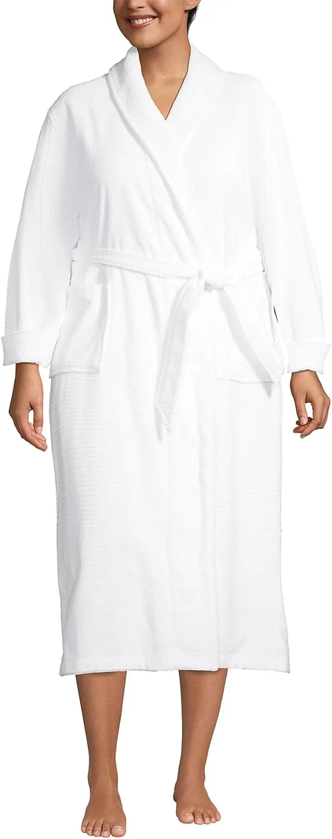 Lands' End Women's Cotton Terry Long Spa Bath Robe - Medium - White