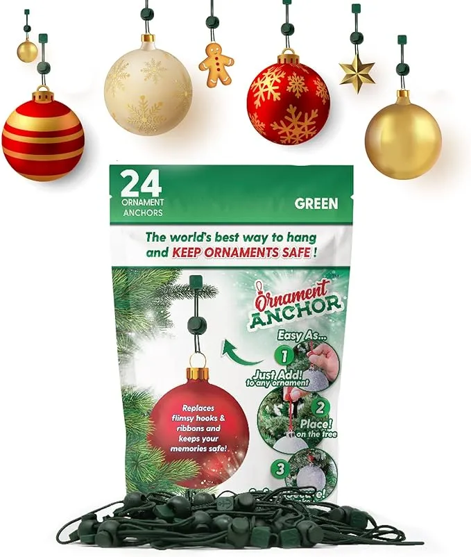 ORNAMENT ANCHOR Ornament Hooks for Hanging Christmas Decorations - No-Slip Hanging Hooks for Xmas - Heavy Duty Christmas Tree Ornaments Hanger Hooks for Small & Large Ornaments (Green,36 Count 2 Pack)