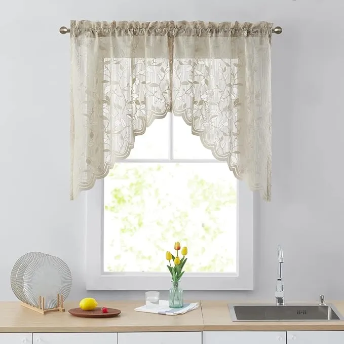 HLC.ME Joyce Lace Sheer Kitchen Cafe Curtain Swags for Small Windows, Kitchen & Bathroom - 30 W x 36 L inch Linen Taupe