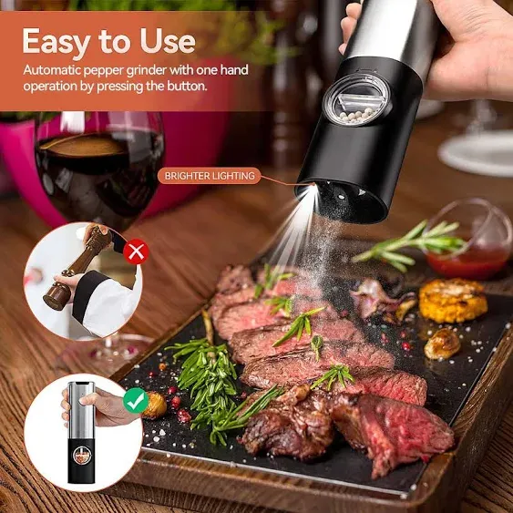 HOMCYTOP Electric Salt and Pepper Grinder Set W/USB Rechargeable Base, No Batter