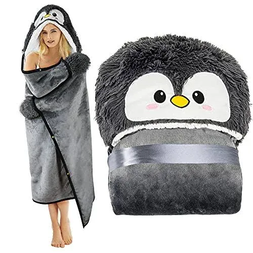 WEARABLE HOODED BLANKET Penguin Throw Cloak Wrap Plush Flannel Fleece HAPPY FUEL