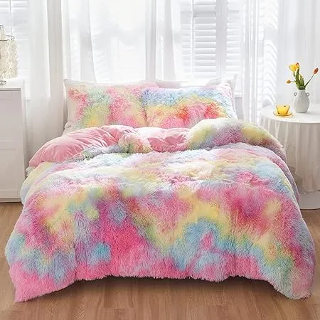 SUCSES Plush Shaggy Bedding Set Twin Size - (1 Faux Fur Duvet Cover + 2 Pillow ...