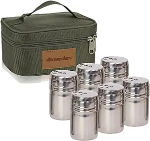 Wealers 6 Piece Stainless Steel Spice Shaker Jars Salt and Pepper Holder BBQ Spice Herbs 3 Size Cover with Bag for East Travel, Great for Home or Outdoor Use,