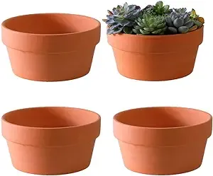 Yishang Terracotta Shallow Planters for Succulent - 7 Inch Cactus Plant Containers Indoor Garden Bonsai Pots with Drainage Hole - Set of 4, Unglazed Clay Ceramic Pottery Planter