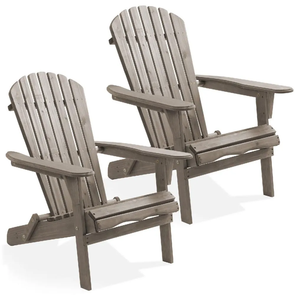 Casafield Set of 2 Folding Adirondack Chairs, Wood Outdoor Fire Pit Patio Seating-Gray