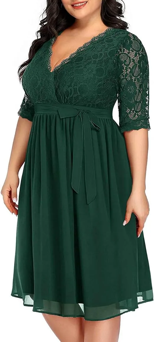 Pinup Fashion Plus Size Emerald Green Dresses Women Cocktail Lace Chiffon Party ...