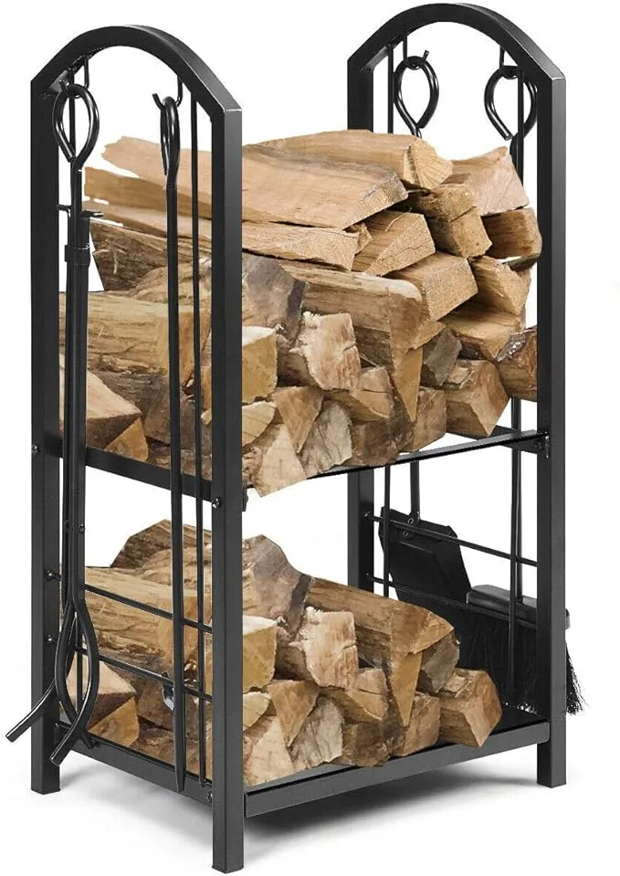 Tangkula Firewood Rack with 4 Fireplace Tools, Firewood Rack Bin Log Holder with Fireplace Tools Set (17.5" L x 12" W x 29.5" H)