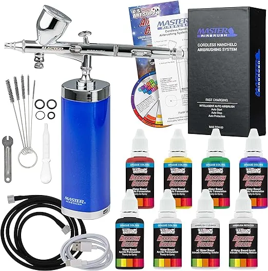 Master Airbrush Powerful Cordless Handheld Acrylic Paint Airbrushing System with 6 Primary Opaque Paint Colors, Reducer &amp; Cleaner Kit - 20 to 36 PSI,