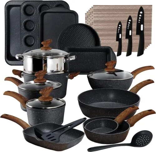 Kitchen Academy Induction Cookware Set - 19 Piece Nonstick Cooking Pans Set,Black Granite Pots and Pans Set