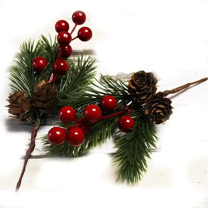 Pine Cone Red Berry Picks Stems Crafts Branch Christmas Wreath - 10Packs, Holly Artificial Evergreen Branches Tiny Pine Cones Picks Décor Floral Picks for Christmas Flower Wreaths DIY Xmas Gifts