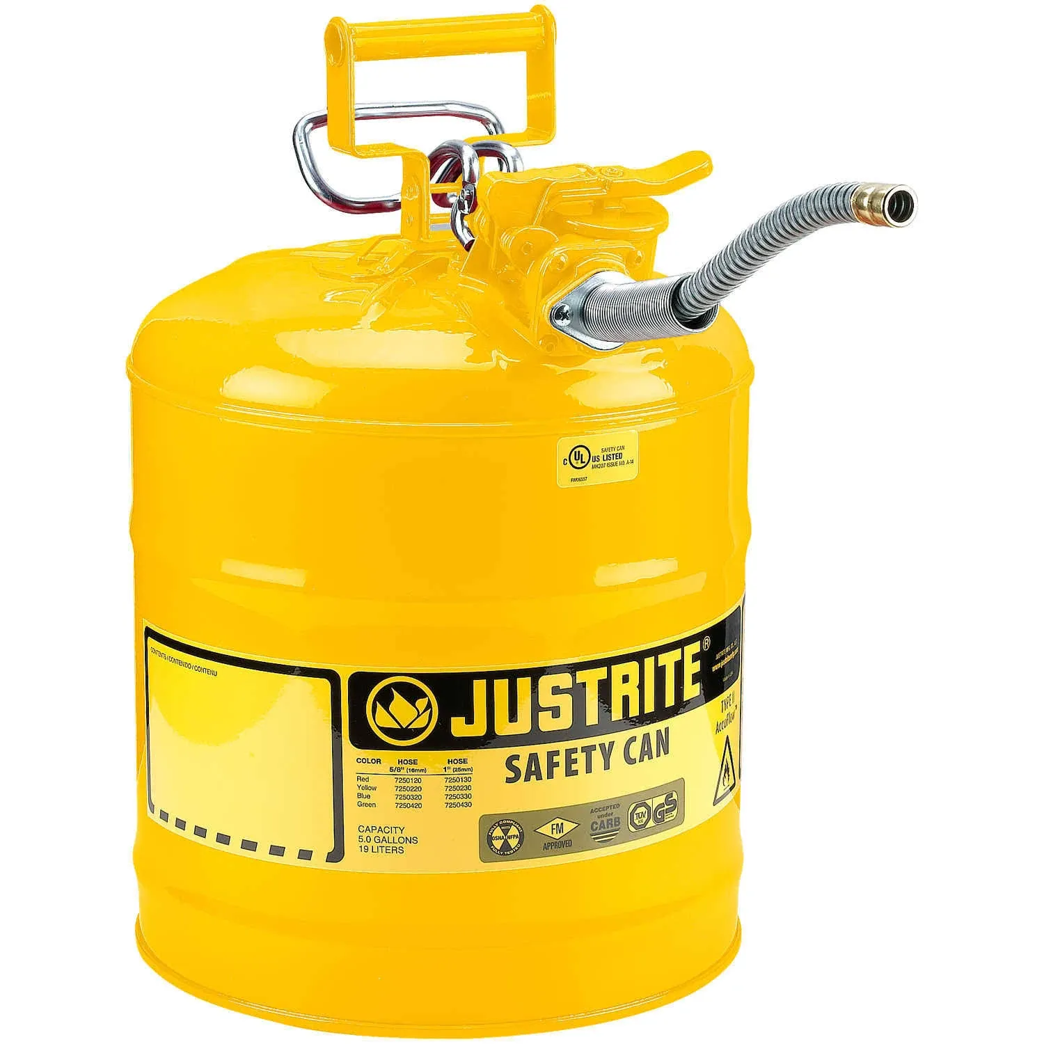 Justrite 7250220 Yellow Type II Safety Can 5/8" Hose 5 Gallon