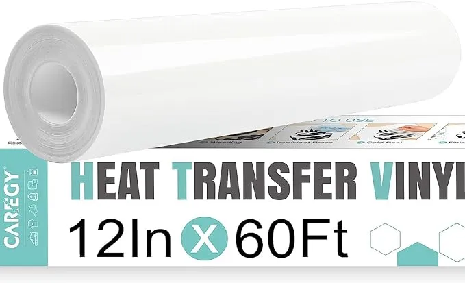 CAREGY Heat Transfer Vinyl White Iron on Vinyl-12"x 60Ft HTV Vinyl Roll Easy to Cut & Weed for Heat Vinyl Design