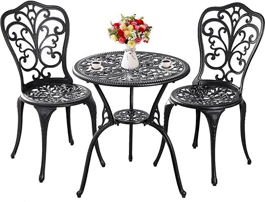 Outdoor Bistro Set 3 Piece Patio Bistro Set, Cast Aluminum Bistro Table and Chairs Set of 2, Small Patio Table Set for Porch, Black