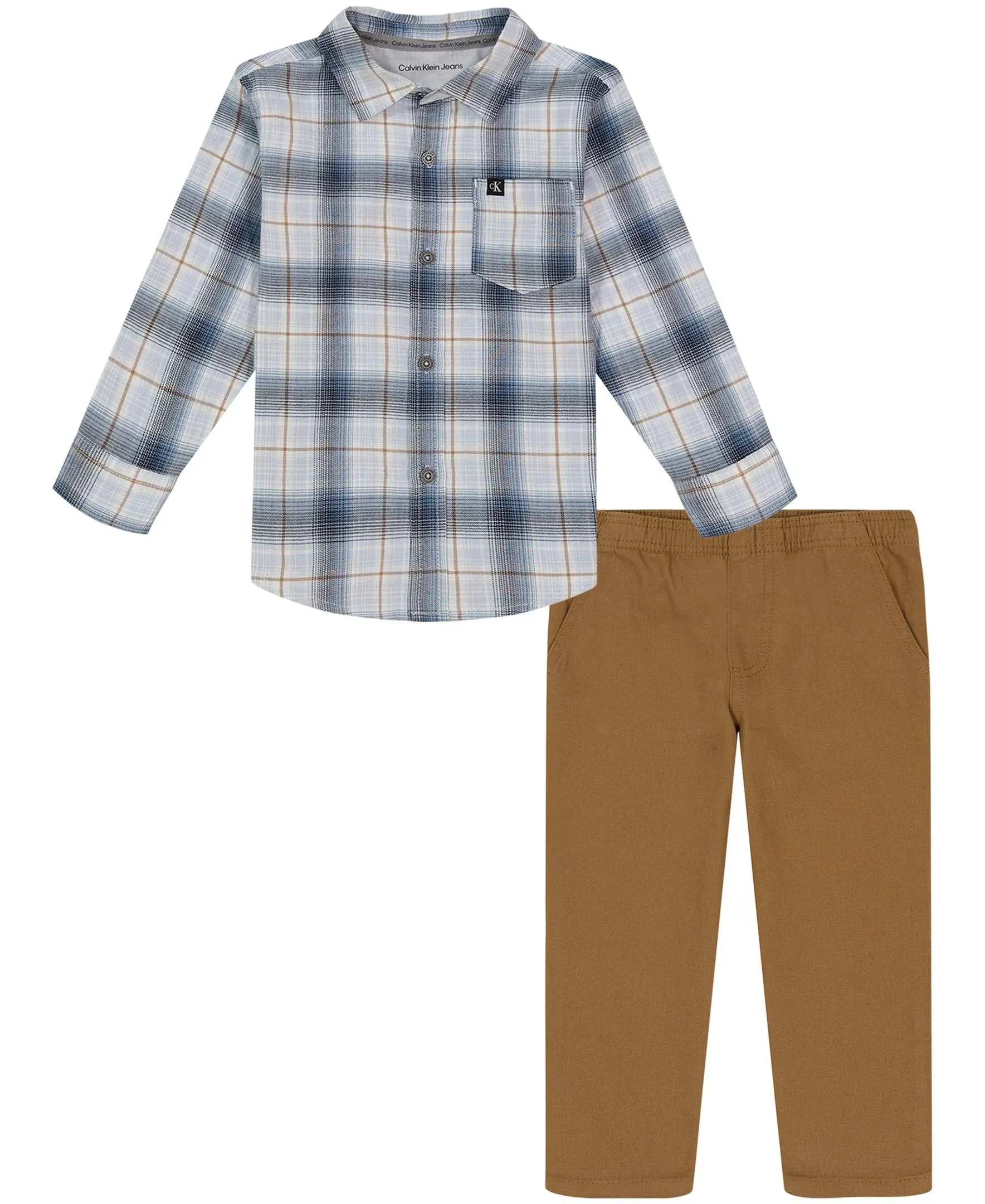 Calvin Klein | Baby Boys Plaid Long Sleeve Button Front Shirt and Prewashed Twill Pants, 2 Piece Set - Red | Realry